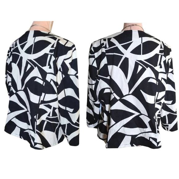 Chico's Black White Geo Print Open Front Quarter Sleeve Cotton Stretch Jacket L - Picture 10 of 13